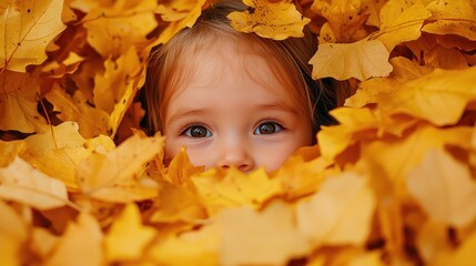 Little girl with a knitted hat lying in a pile of autumn leaves Generative AI