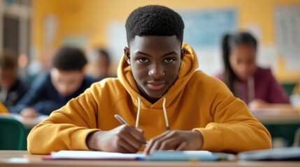 Poster - A young man sitting at a desk, wearing a yellow hoodie and writing with pen and paper