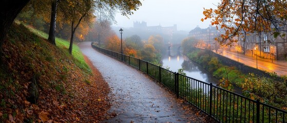 Canvas Print -  A path, shrouded in fog, winds through a park dotted with trees In the backdrop, a bridge stands still, its structure barely discernible amidst the dense mist