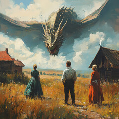 Poster - European villagers in a traditional village looking at a giant dragon in the fields, mythological paintings, European fairy tales