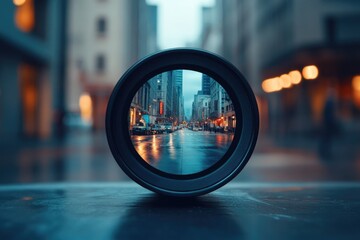 Poster - A city viewed through a camera lens, with blurred background and focused foreground