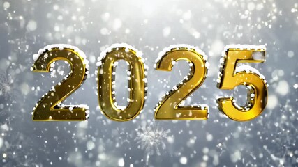 Wall Mural - snow is falling on a golden 2025 text against a silver background. ideal for new year countdowns, wi