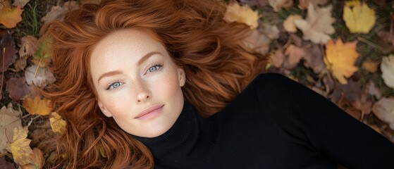 Poster -  A women with red hair lies on a bed of leaves, gazing at the camera with a serious expression