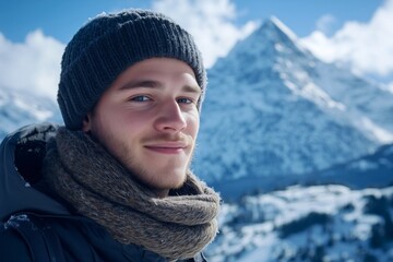 Portrait of a young man in his 20s enjoying a winter outdoor trip to the mountains with caucasian male in front a snowy mountain