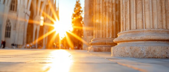 Poster -  The sun gleams vividly between building columns on the street, facing a line of towering structures