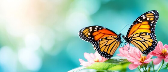 Wall Mural -  Butterflies atop pink bloom, green foliage, blue sky