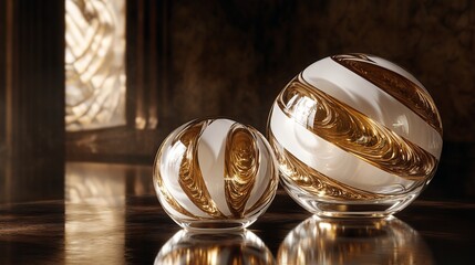 3D rendering of glossy white and gold spheres and glass spheres with white and gold swirls in an elegant vase against a dark background with reflective lighting and a luxurious finish.