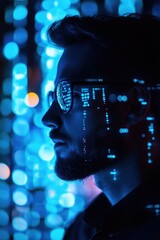 Poster - A person stands in front of a colorful light installation, wearing glasses and a beard