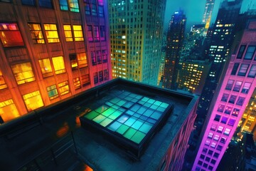 Poster - Nighttime cityscape with skyscrapers and lights, suitable for urban-themed projects