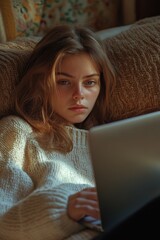 Wall Mural - Woman sitting on couch using laptop