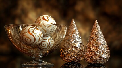 3D rendering of glossy white and gold spheres and glass spheres with white and gold swirls in an elegant vase against a dark background with reflective lighting and a luxurious finish.