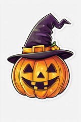 Wall Mural - Sticker of a happy pumpkin with a witch hat