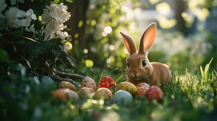 Wall Mural - A rabbit sitting in the grass surrounded by Easter eggs