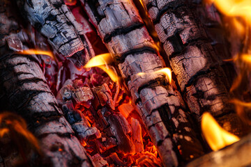 Red hot charcoal and a flame of fire.Close-up of fire, glowing charcoal and hot embers. The texture of flaming burning firewood.