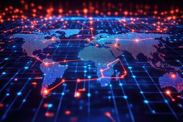 Aufkleber - A world map with glowing lines highlighting connections and relationships