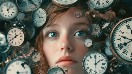 Aufkleber - A woman standing amidst multiple clocks, suggesting time and its constraints