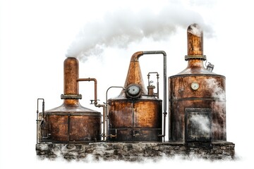 Poster - Factory building with smoke or steam clouds in the air, suitable for use in industrial or corporate settings