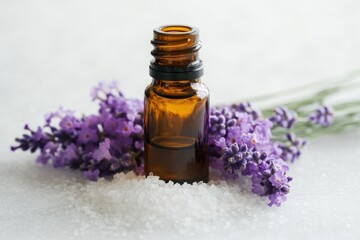 Poster - A bottle of essential oil placed next to a bouquet of fresh lavender flowers