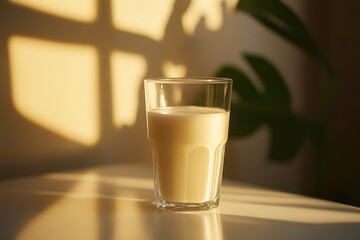 Canvas Print - A glass of milk placed on a wooden table with a simple background