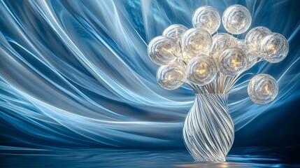 3D rendering of glossy white and gold spheres and glass spheres with white and gold swirls in an elegant vase against a dark background with reflective lighting and a luxurious finish.