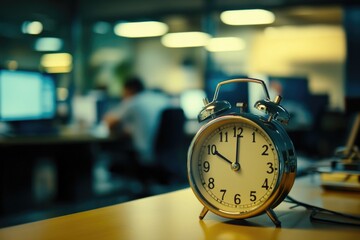 Poster - A clock sitting on a wooden table, simple and elegant