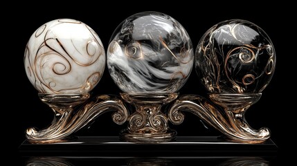 3D rendering of glossy white and gold spheres and glass spheres with white and gold swirls in an elegant vase against a dark background with reflective lighting and a luxurious finish.