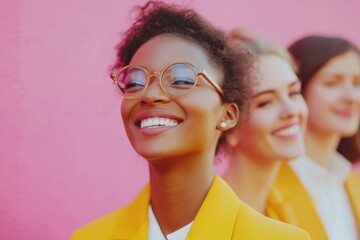 Poster - A group of women standing side by side in front of a bright pink wall, perfect for social media, marketing or advertising use