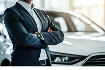 Poster - A man standing by his vehicle, possibly waiting for someone or checking something