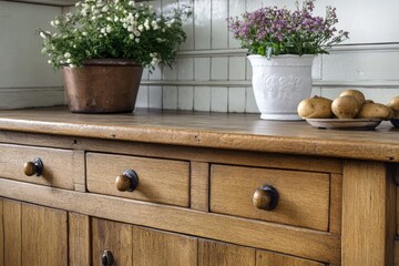 Poster - A close-up shot of a wooden dresser with a potted plant on top