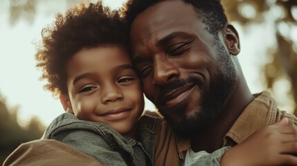 A joyful father and his young child share a heartfelt embrace outdoors, capturing a moment of warmth, love, and family connection under the soft sunlight.