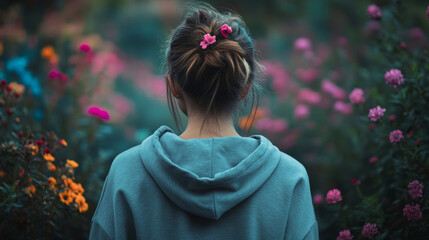 Canvas Print - Girl wearing a hoodie in the flower garden early in the morning, view from behind