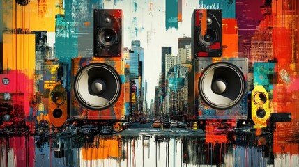 Poster - A pair of speakers sitting on top of a table
