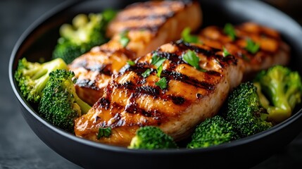 An elegant presentation of grilled chicken paired with bright broccoli in a dark, stylish bowl, perfect for those who appreciate both taste and visual appeal in dining.