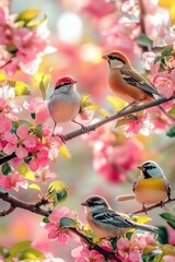 Poster - A group of birds sitting together on a tree branch, nature scene