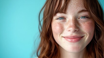 Poster - Close-up portrait of a woman with distinct freckles, ideal for use in beauty and lifestyle contexts