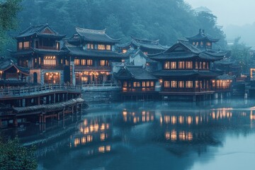 Poster - A group of buildings situated next to a body of water, perfect for use in urban or coastal-themed projects