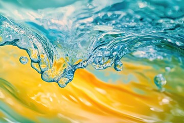 Poster - A close-up view of an ocean wave with water droplets and foam, suitable for use in beach-themed designs or as a texture element