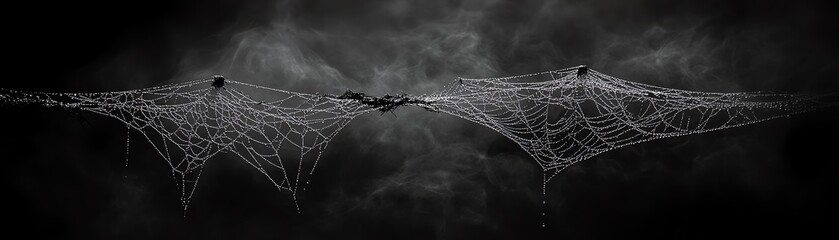 Eerie spider web in dark setting, showcasing intricate details and textures, perfect for Halloween or spooky themes.