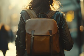 Poster - A woman carrying a backpack walks down the street, possibly going on an adventure