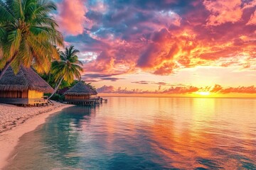 Poster - A beach scene with a small hut and palm trees at sunset