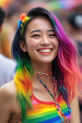 Poster - A cheerful woman with vibrant hair smiling directly at the camera