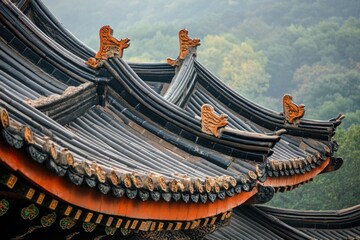 Poster - Rooftop view of a traditional Chinese building with a mountain landscape in the background, ideal for travel or cultural-themed projects