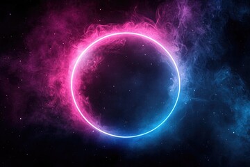 Poster - A blue and pink colored smoke ring floating in the air against a dark black background