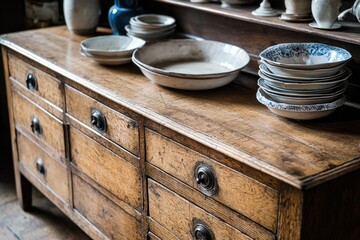 Poster - A wooden dresser filled with plates, bowls, and other kitchenware, suitable for interior design or vintage-themed settings