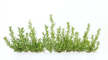 Canvas Print - Close-up shot of a row of rosemary plants arranged on a white surface, ideal for use in culinary or interior design contexts