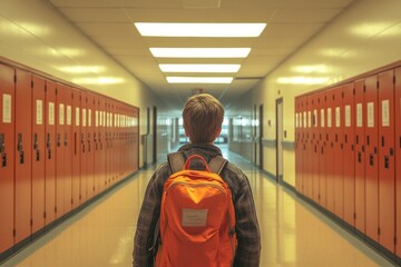 Poster - A person carrying a backpack walks down a long, dimly lit hallway