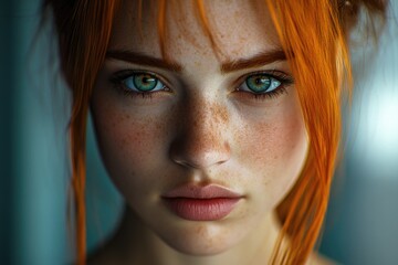 Poster - Close-up shot of a woman's face featuring freckles and natural skin tone