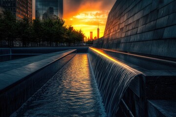 Poster - A beautiful sunset over the water in a city scene