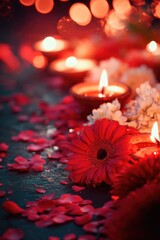Poster - A group of candles surrounded by fresh flowers and petals on a table, great for romantic dinner or special occasion