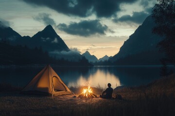 Poster - A person sits near a campfire beside a serene lake, perfect for outdoor adventure or nature scene